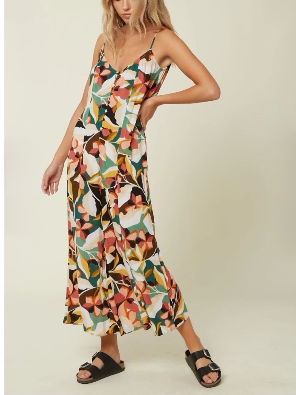 O'Neill Candice Jumpsuit Wide Leg Cropped Lightweight Tropical Print Medium